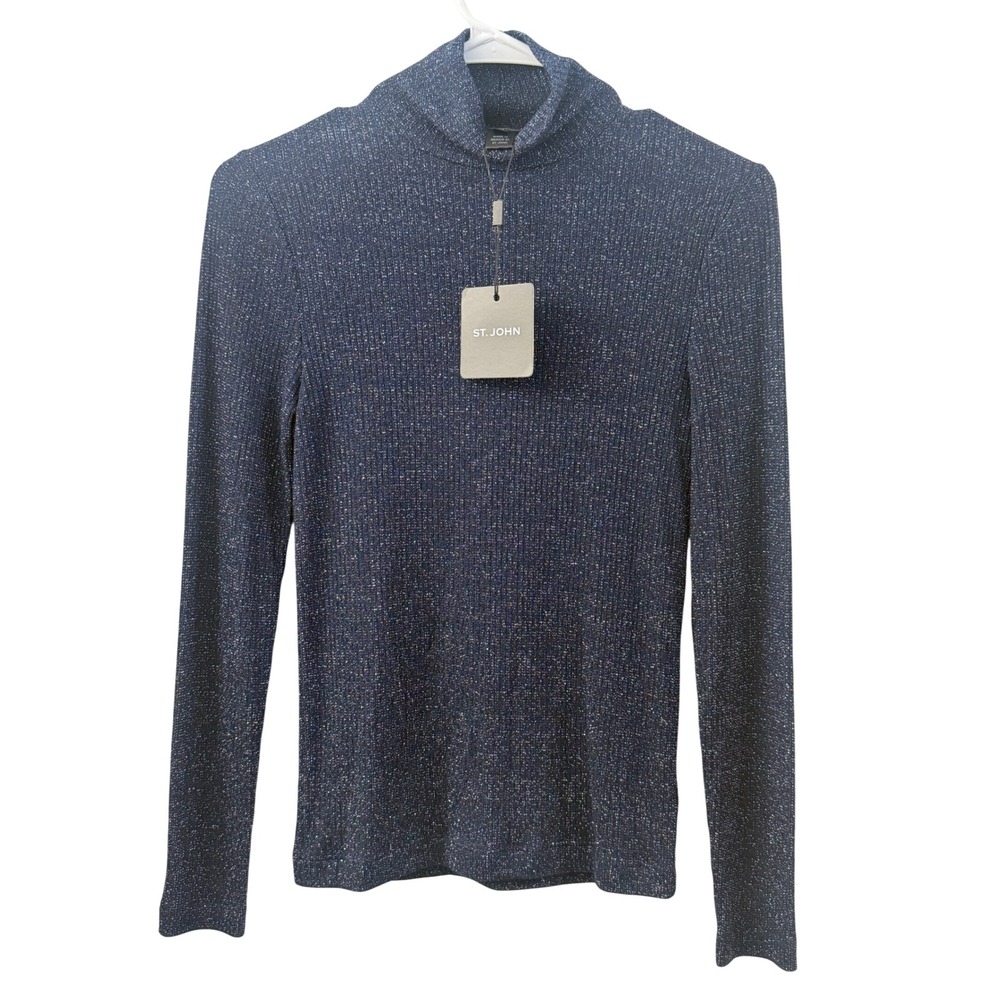 St. John Navy Silver Metallic Ribbed Mock Neck Top XS NEW Quiet Luxury Holiday